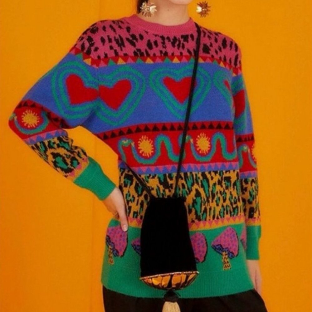 Farm Rio GRAPHIC ELEMENTS AINIKA Sweater Colorful mushrooms Boho SIZE L NWT